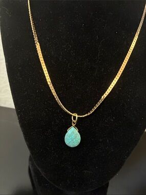 Gold Tone Chain Necklace with Antique Turquoise Teardrop Pendant